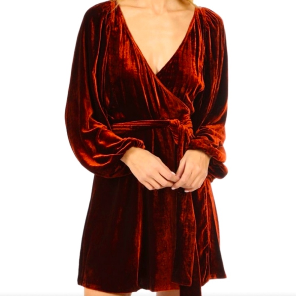 A.L.C Carlo velvet rust long sleeve wrap mini dress